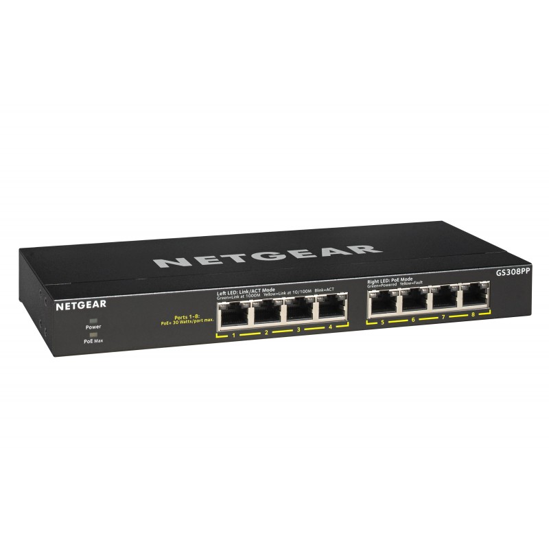 NETGEAR GS308PP Non gestito Gigabit Ethernet (10 100 1000) Supporto Power over Ethernet (PoE) Nero