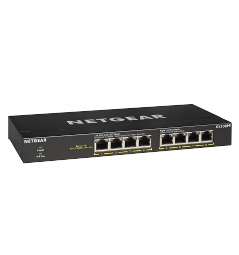 NETGEAR GS308PP Non-géré Gigabit Ethernet (10 100 1000) Connexion Ethernet, supportant l'alimentation via ce port (PoE) Noir