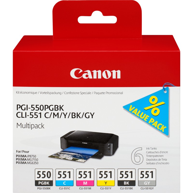 Canon Cartuccia d'inchiostro Multipack PGI-550 PGBK CLI-551 BK C M Y GY