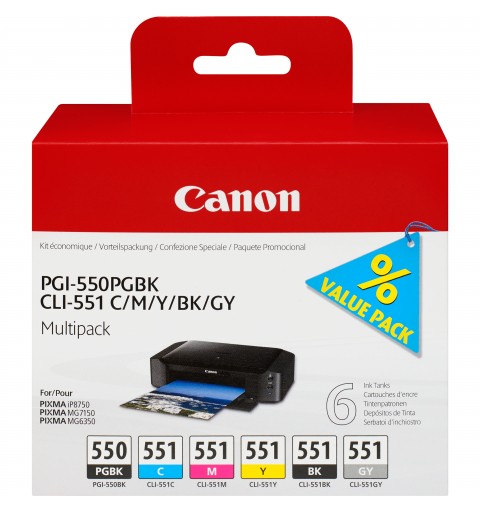 Canon Cartuccia d'inchiostro Multipack PGI-550 PGBK CLI-551 BK C M Y GY