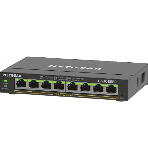 NETGEAR 8-Port Gigabit Ethernet High-Power PoE+ Plus Switch (GS308EPP) Gestito L2 L3 Gigabit Ethernet (10 100 1000) Supporto