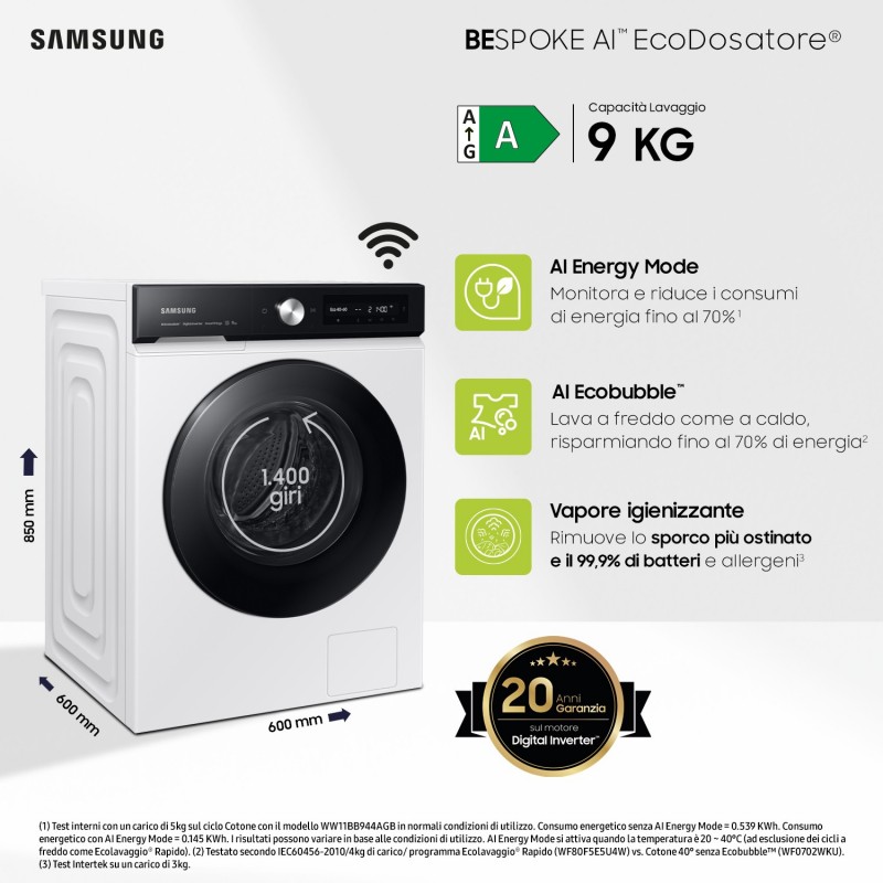 Samsung WW90DB7U94GEU3 lavadora Carga frontal 9 kg 1400 RPM Blanco