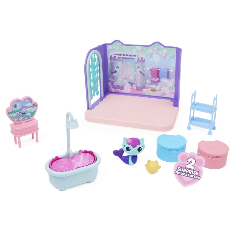 Gabby's Dollhouse Primp and Pamper Bathroom with MerCat Figure, 3 Accessories, 3 Furniture and 2 Deliveries, Kids Toys for Ages