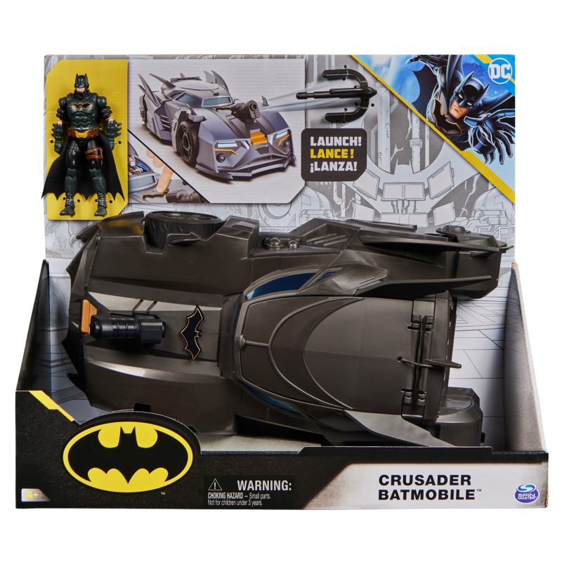 DC Comics , Coffret Crusader Batmobile avec figurine Batman exclusive de 10 cm, 3 figurines de super-méchants en papier, jouets