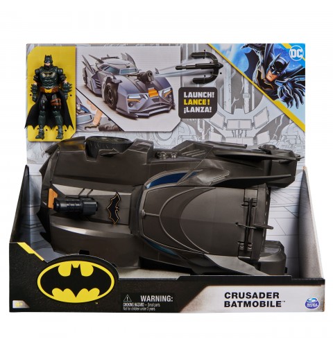 DC Comics , Coffret Crusader Batmobile avec figurine Batman exclusive de 10 cm, 3 figurines de super-méchants en papier, jouets