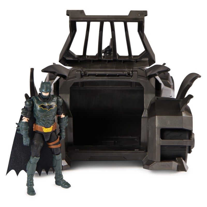 DC Comics , Coffret Crusader Batmobile avec figurine Batman exclusive de 10 cm, 3 figurines de super-méchants en papier, jouets