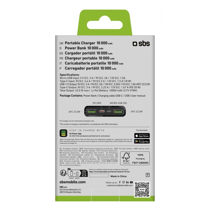 SBS TTBB10000FASTPD2 batería externa 10000 mAh Negro