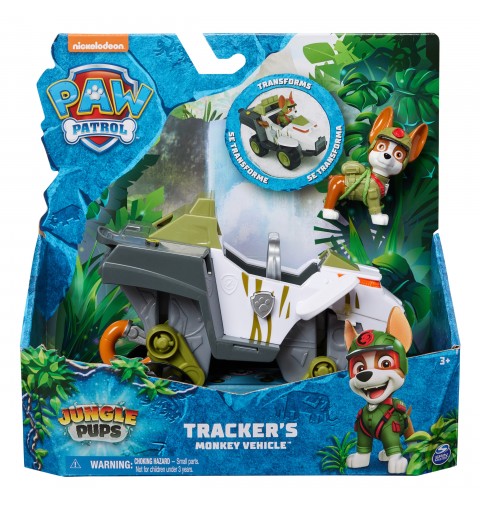 PAW Patrol Jungle Pups, Monkey Vehicle di Tracker, veicolo giocattolo con action figure da collezione, giocattoli per bambini e