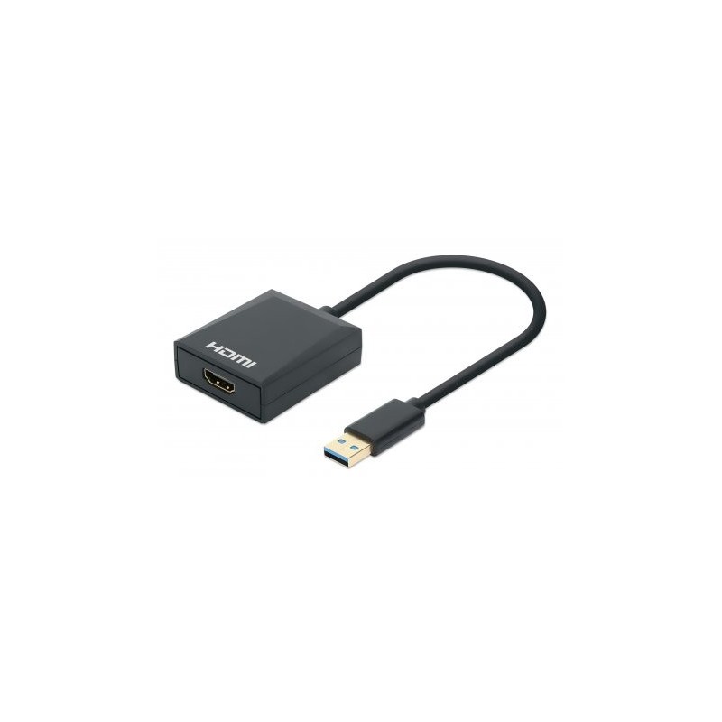 Manhattan USB-A to HDMI Cable, 1080p@60Hz, Converts USB 3.2 Gen1 (aka USB 3.0) signal to HDMI, 15cm, Black, Male to Female,