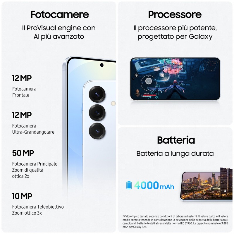 Samsung Galaxy S25 Smartphone AI, Display 6.2'' FHD+ Dynamic AMOLED 2X, Fotocamera 50MP, RAM 12GB, 128GB, 4.000 mAh, Icyblue