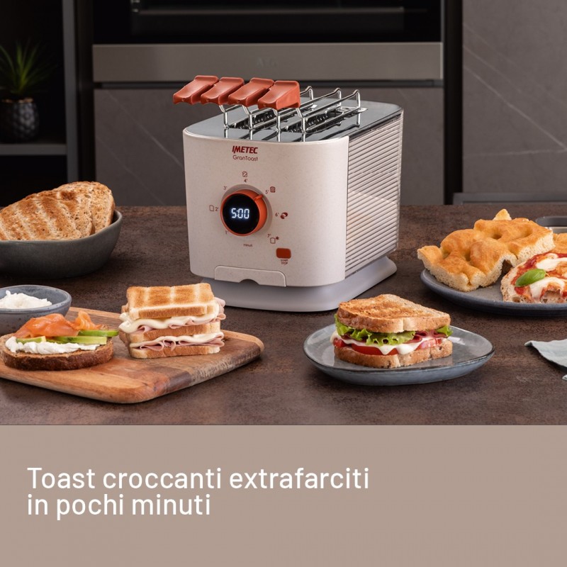 Imetec Grantoast - Tostapane 2 Fette XL con Pinze Apribili per Toast Farciti - 7 Livelli Doratura, Facile Pulizia, Display LED,