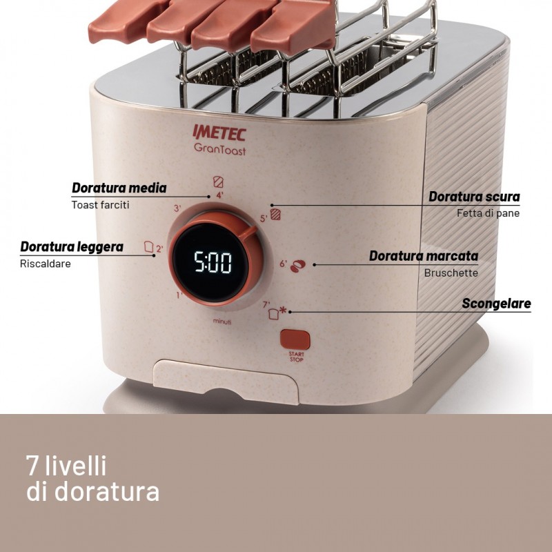 Imetec Grantoast - Tostapane 2 Fette XL con Pinze Apribili per Toast Farciti - 7 Livelli Doratura, Facile Pulizia, Display LED,