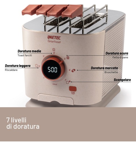 Imetec Grantoast - Tostapane 2 Fette XL con Pinze Apribili per Toast Farciti - 7 Livelli Doratura, Facile Pulizia, Display LED,