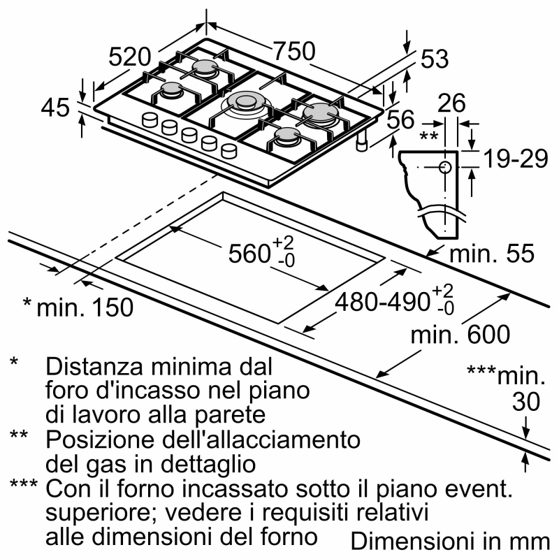 Bosch Serie 4 PGQ7B5K90 hobs Acero inoxidable Integrado 75 cm Encimera de gas 5 zona(s)
