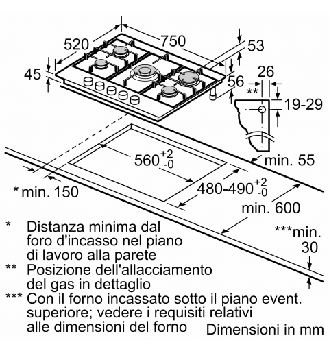 Bosch Serie 4 PGQ7B5K90 plaque Acier inoxydable Intégré 75 cm Gaz 5 zone(s)