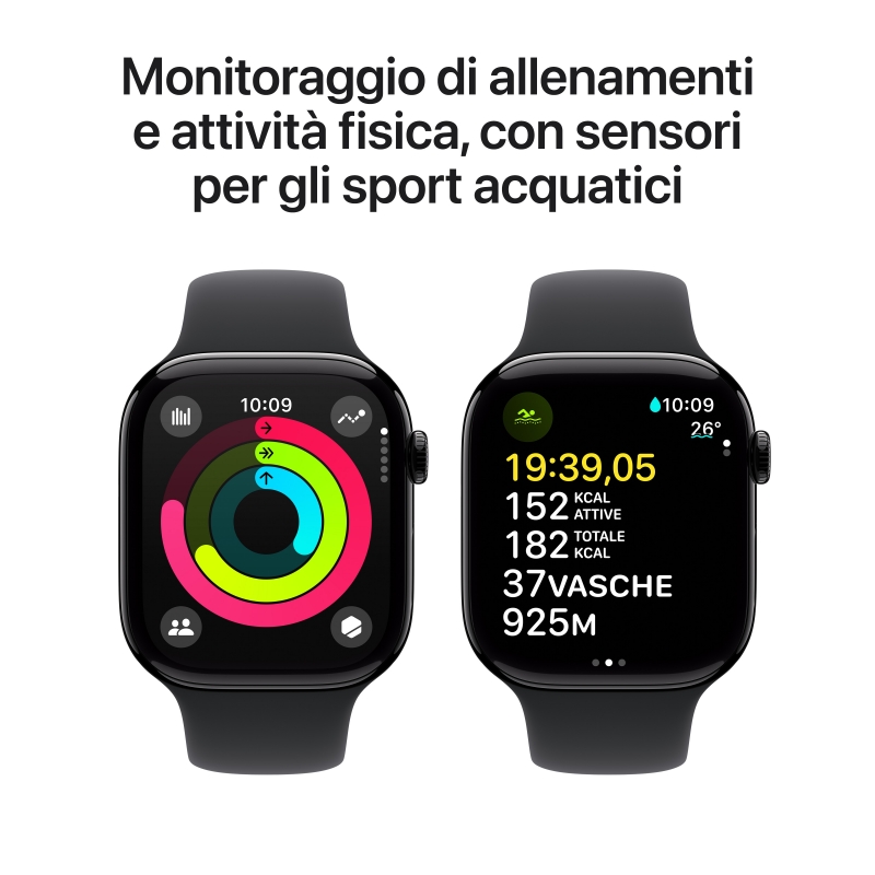 Apple Watch Series 10 Serie 10 GPS 46mm Cassa in Alluminio color Jet Black con Nero Sport Band - S M