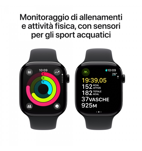 Apple Watch Series 10 Serie 10 GPS 46mm Cassa in Alluminio color Jet Black con Nero Sport Band - S M