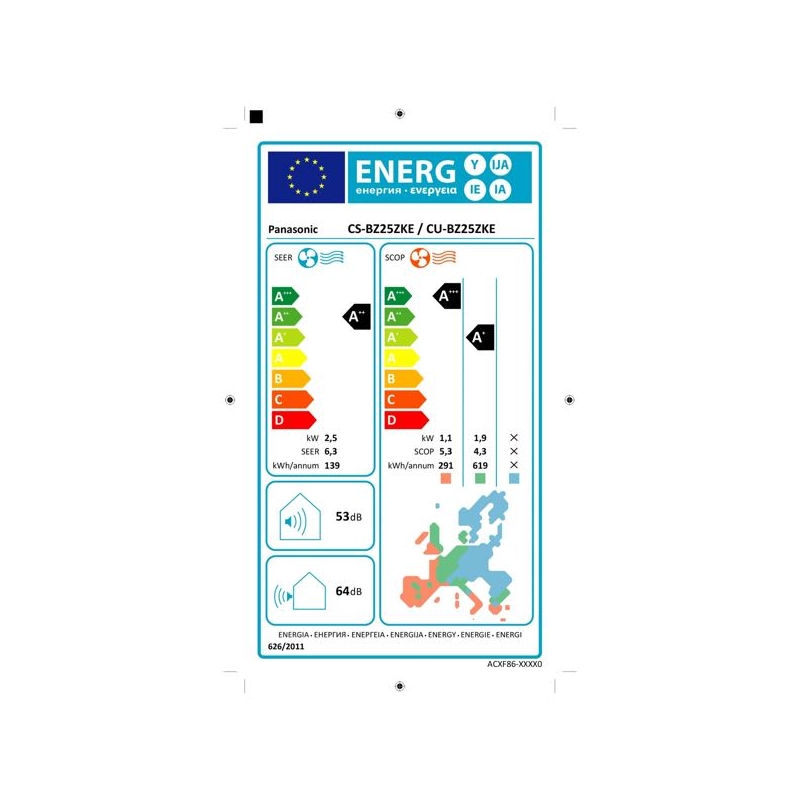 PANASONIC Serie BZ Climatizzatore Condizionatore 9000BTU Kit CU-BZ25ZKE + CS-BZ25ZKE 2,5Kw Inverter A++/A+ R32
