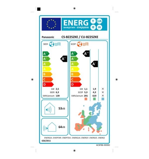 PANASONIC Serie BZ Climatizzatore Condizionatore 9000BTU Kit CU-BZ25ZKE + CS-BZ25ZKE 2,5Kw Inverter A++/A+ R32