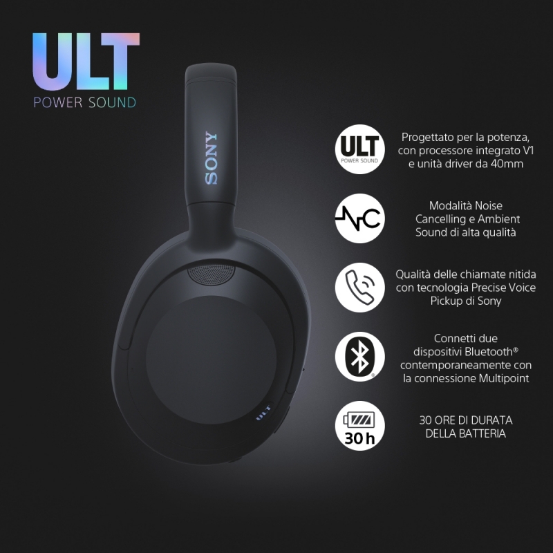 Sony ULT WEAR - Cuffie Bluetooth Wireless con ULT POWER SOUND, bassi profondi, Noise Cancelling, ottima qualità delle chiamate,