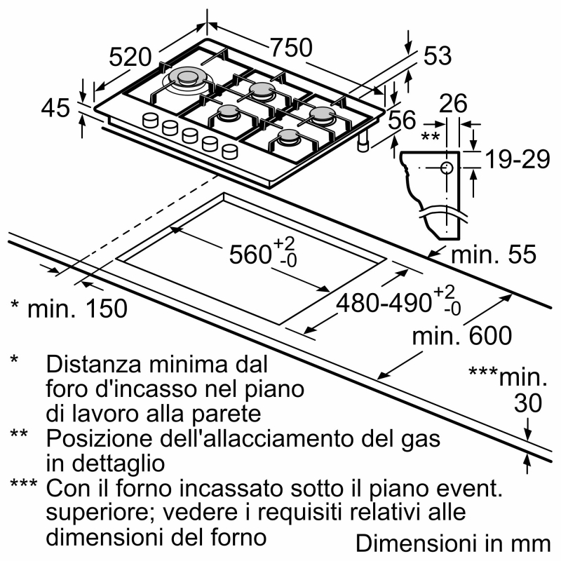 Bosch Serie 6 PCS7A5I90 hobs Acero inoxidable Integrado 75 cm Encimera de gas 5 zona(s)