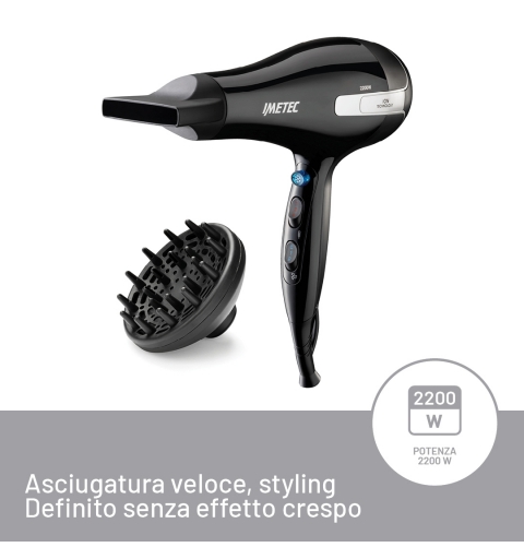 Imetec Asciugacapelli K7 2000, 2200W, Tecnoloiga a ioni, 2 velocità, 3 temperature, Colpo Aria Fredda, Convogliatore Stretto,