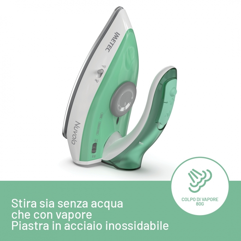 Imetec Nuvola Fer à repasser à sec ou à vapeur Semelle en acier inoxydable 1000 W Couleur aqua, Blanc