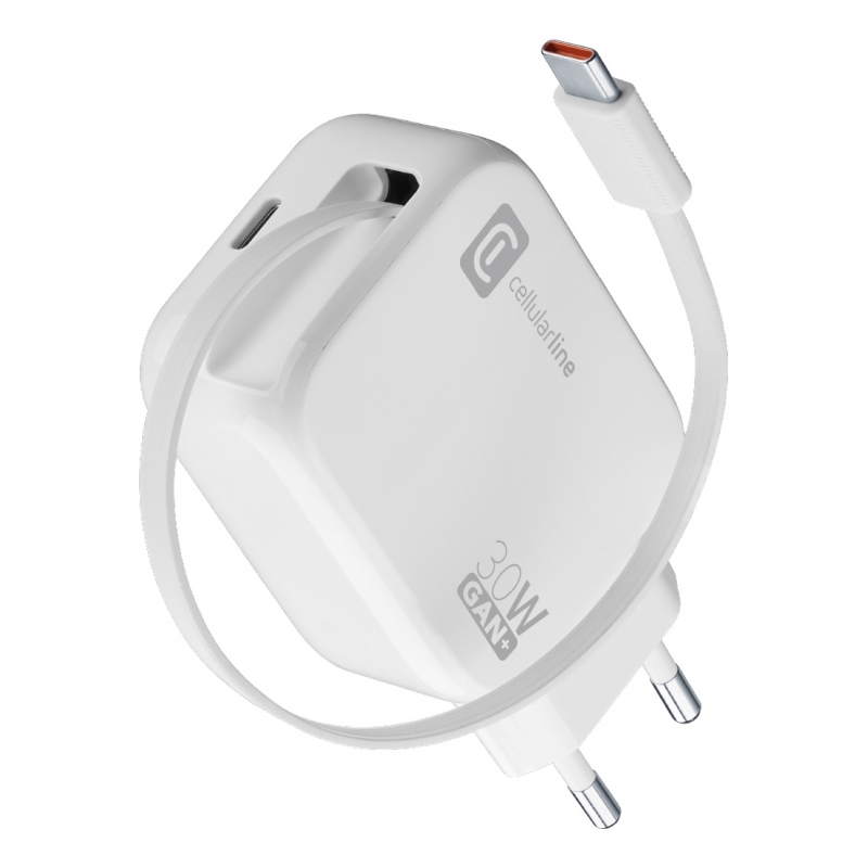 Cellularline Retractable Power 30W Caricabatterie da rete 30W con cavo retrattile USB-C e porta USB-C