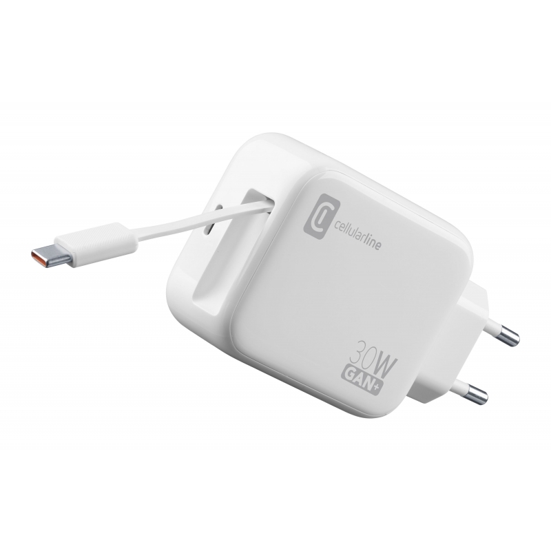 Cellularline Retractable Power 30W Caricabatterie da rete 30W con cavo retrattile USB-C e porta USB-C