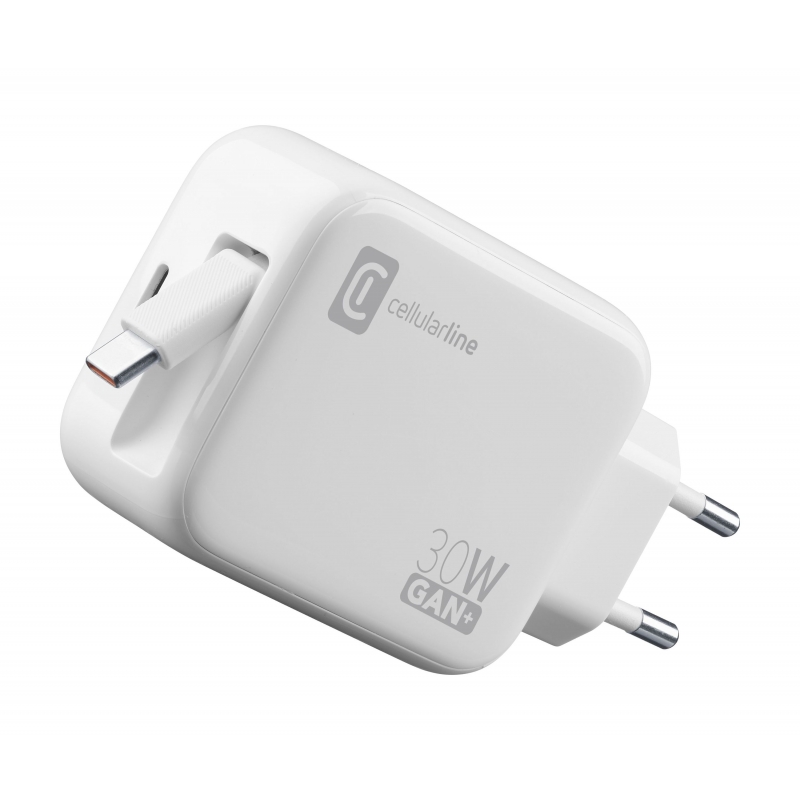 Cellularline Retractable Power 30W Caricabatterie da rete 30W con cavo retrattile USB-C e porta USB-C