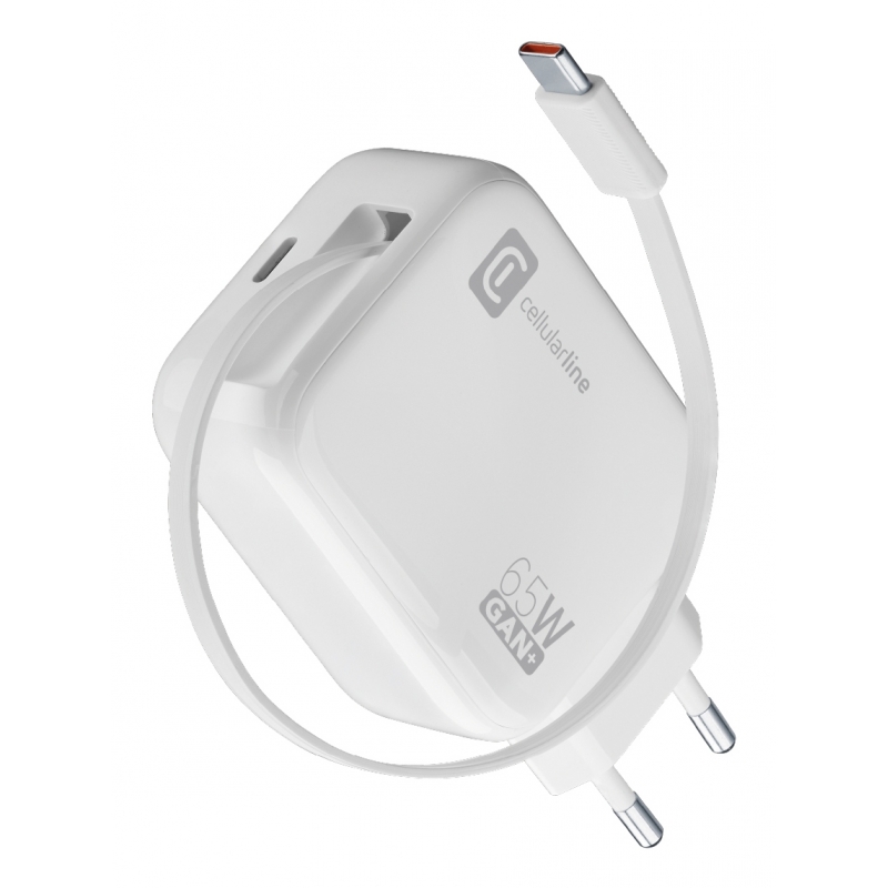 Cellularline Retractable Power 65W Caricabatterie da rete 65W con cavo retrattile USB-C e porta USB-C