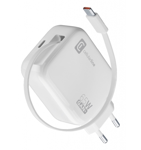 Cellularline Retractable Power 65W Caricabatterie da rete 65W con cavo retrattile USB-C e porta USB-C