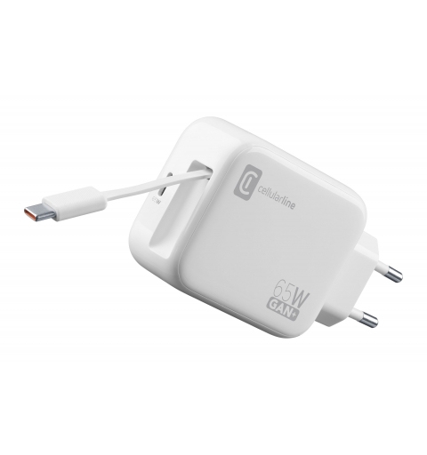 Cellularline Retractable Power 65W Caricabatterie da rete 65W con cavo retrattile USB-C e porta USB-C