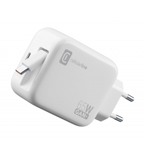 Cellularline Retractable Power 65W Caricabatterie da rete 65W con cavo retrattile USB-C e porta USB-C