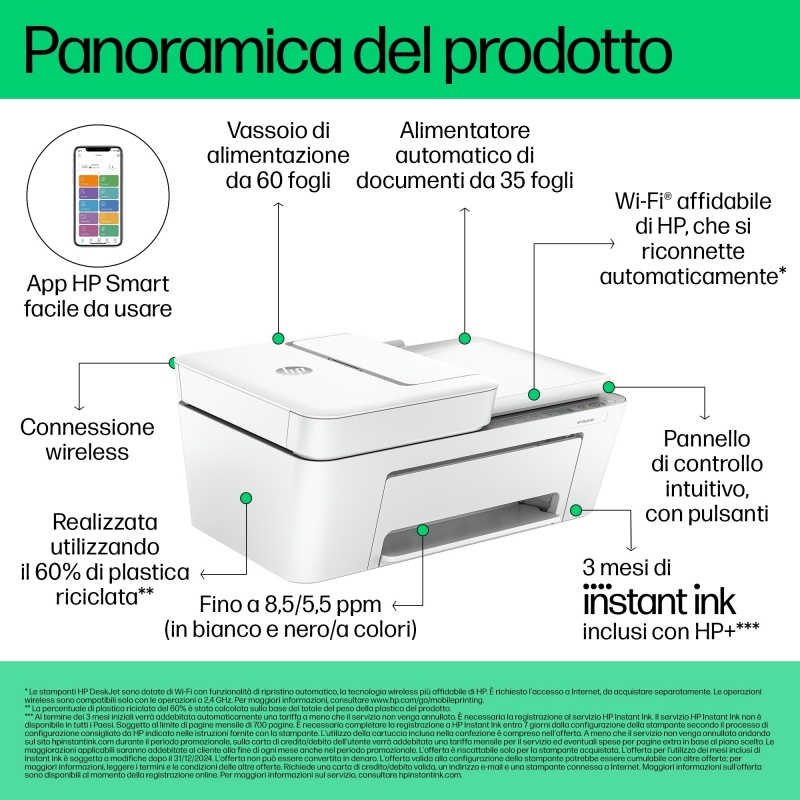 HP DeskJet 4220e Wireless All-in-One Colore Stampante, Instant Ink Fotocopiatrice, scanner