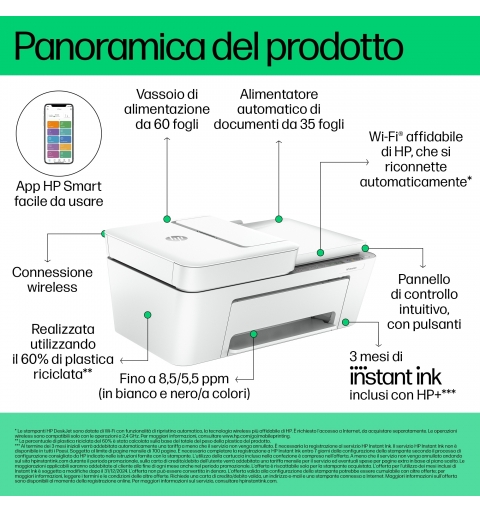 HP DeskJet 4220e Wireless All-in-One Colore Stampante, Instant Ink Fotocopiatrice, scanner
