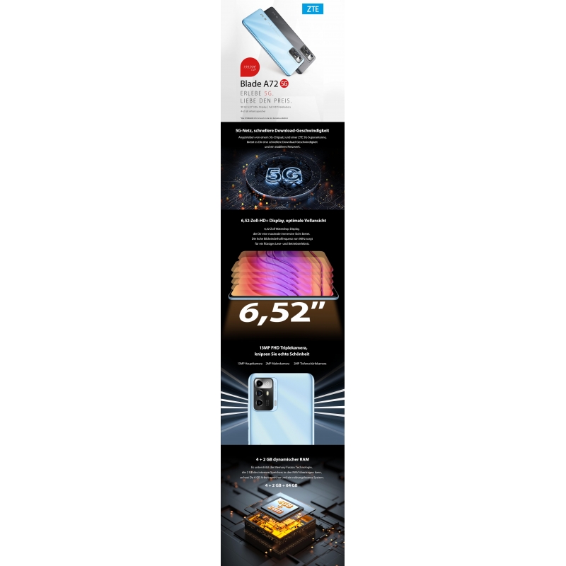 WINDTRE ZTE BLADE A72 5G 16,6 cm (6.52") Doppia SIM Android 11 USB tipo-C 4 GB 64 GB 4000 mAh Grigio