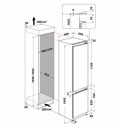 Whirlpool WHKN 3283 B4E Frigorifero combinato a incasso, Total No Frost ventilato, 55 cm, Classe E, Bianco, 37 db, h 194cm