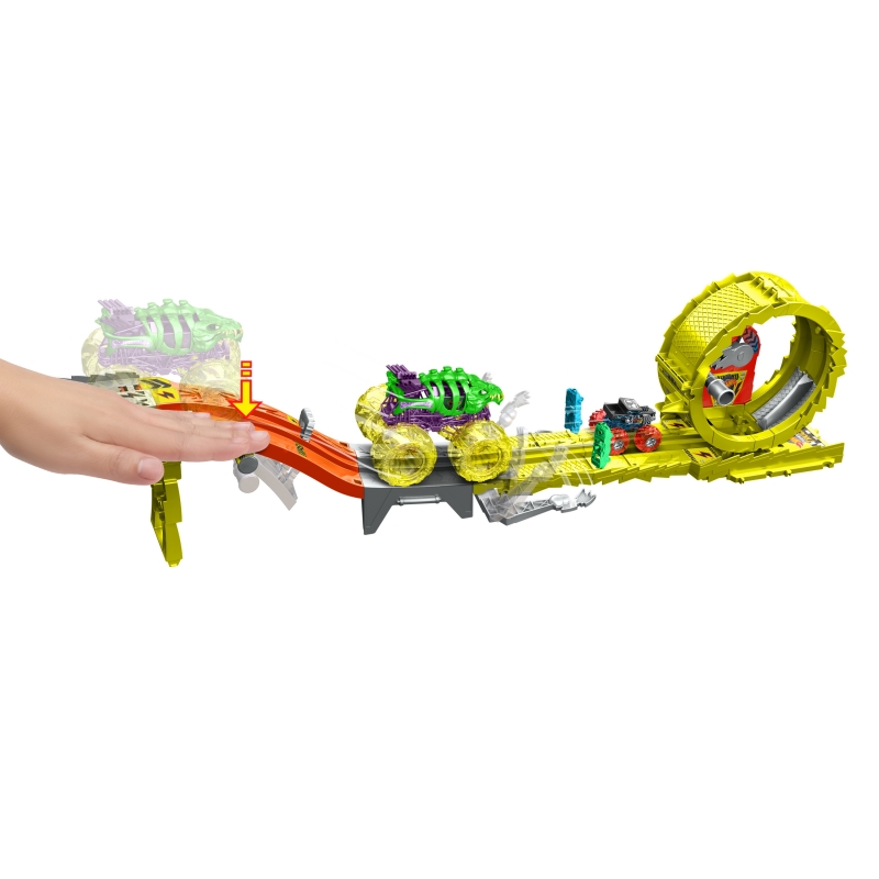 Hot Wheels Monster Trucks Power Smashers Charge & Chase Challenge track set with Oversized Skelesaurus, 1 64 Scale Bone Shaker