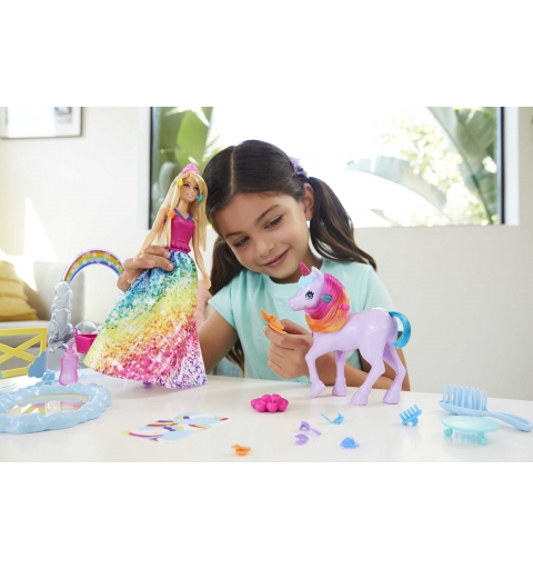 Barbie Dreamtopia This playset comes with a princess doll, a pet unicorn toy with colour-change features and 18 toy