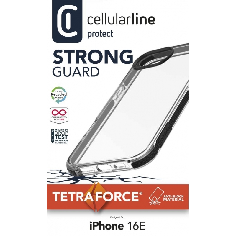 Cellularline Tetra Force Strong Guard - iPhone 16e Étui flexible ultra-protecteur, anti-choc avec technologie antibactérienne