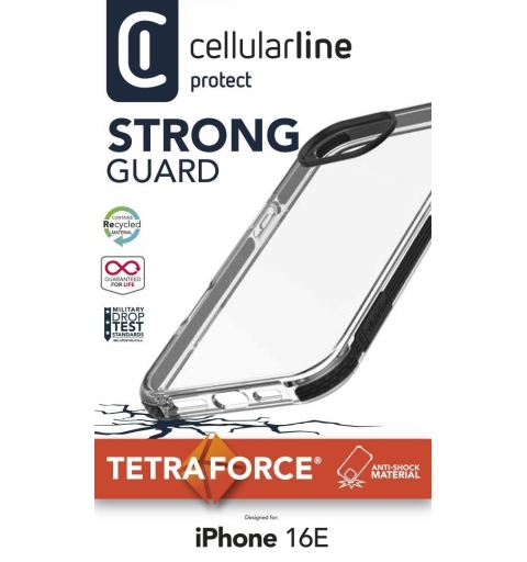 Cellularline Tetra Force Strong Guard - iPhone 16e Étui flexible ultra-protecteur, anti-choc avec technologie antibactérienne