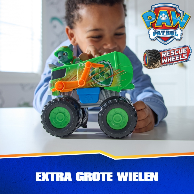 PAW Patrol Rescue Wheels Rocky’s Recycle Truck, Toy Truck with Projectile Launcher and Collectible Action Figure, Kids Toys