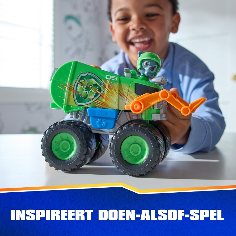 PAW Patrol Rescue Wheels Rocky’s Recycle Truck, Toy Truck with Projectile Launcher and Collectible Action Figure, Kids Toys