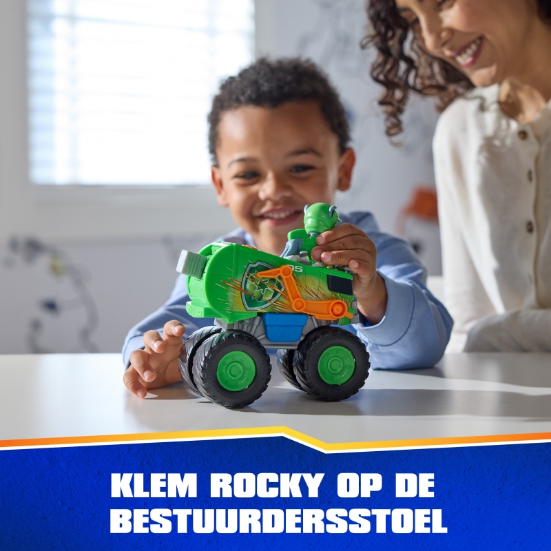 PAW Patrol Rescue Wheels Rocky’s Recycle Truck, Toy Truck with Projectile Launcher and Collectible Action Figure, Kids Toys