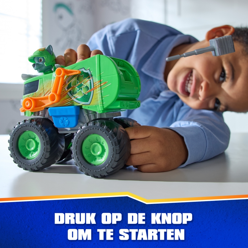 PAW Patrol Rescue Wheels Rocky’s Recycle Truck, Toy Truck with Projectile Launcher and Collectible Action Figure, Kids Toys