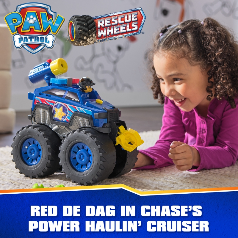 PAW Patrol Rescue Wheels Chase’s Power Haulin’ Cruiser, Toy Truck with Launcher, Motorized Winch, Lights & Sounds, Kids Toys