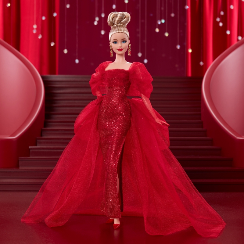 Barbie Signature Collectible Doll for Mattel 80th Anniversary, Glittery Red Tulle Gown, Blonde Hair