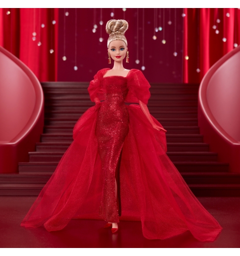 Barbie Signature Collectible Doll for Mattel 80th Anniversary, Glittery Red Tulle Gown, Blonde Hair