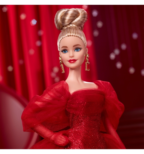 Barbie Signature Collectible Doll for Mattel 80th Anniversary, Glittery Red Tulle Gown, Blonde Hair